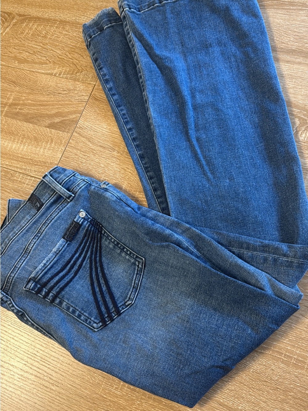 7 For All Mankind Women's Mid-Blue Flare Jeans with Embroidered Back Pocket